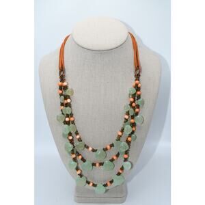 Mythologie Necklace Green Faceted Glass Pink Beads Rust Cord Statement 22”